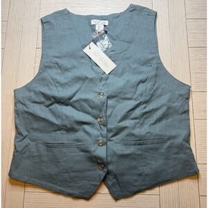 NWT Rachel Zoe Sage Green Lined  Linen Vest.‎ 4 Buttons. Sz L